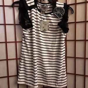 Mizwear black white striped ruffle short sleeve top blouse size large nwt